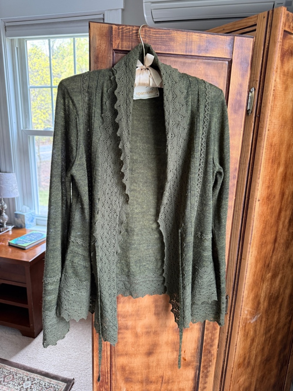 Sparrow (Anthropologie) Olive Lace-Trim Open Front Cardigan - Picture 2 of 6